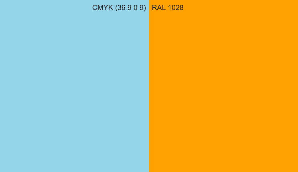 CMYK Color CMYK (36 9 0 9) vs RAL 1028 side by side comparison CMYK Color CMYK (36 9 0 9) vs RAL 1028 side by side comparison
