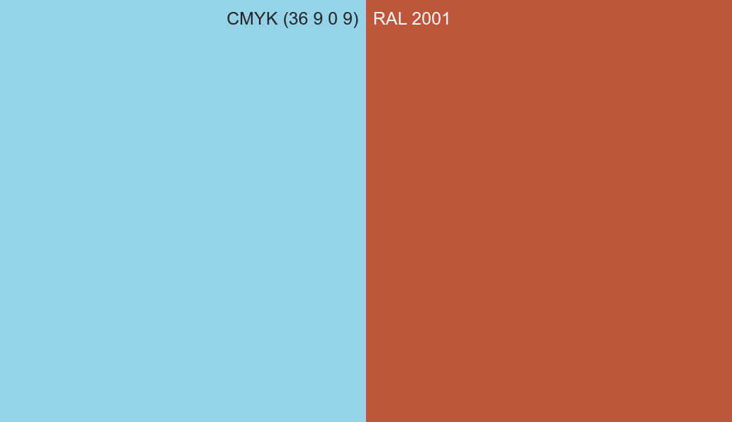 CMYK Color CMYK (36 9 0 9) vs RAL 2001 side by side comparison CMYK Color CMYK (36 9 0 9) vs RAL 2001 side by side comparison