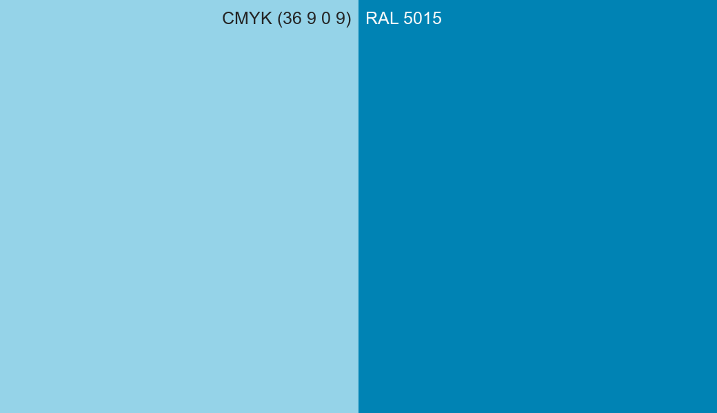 CMYK Color CMYK (36 9 0 9) vs RAL 5015 side by side comparison CMYK Color CMYK (36 9 0 9) vs RAL 5015 side by side comparison