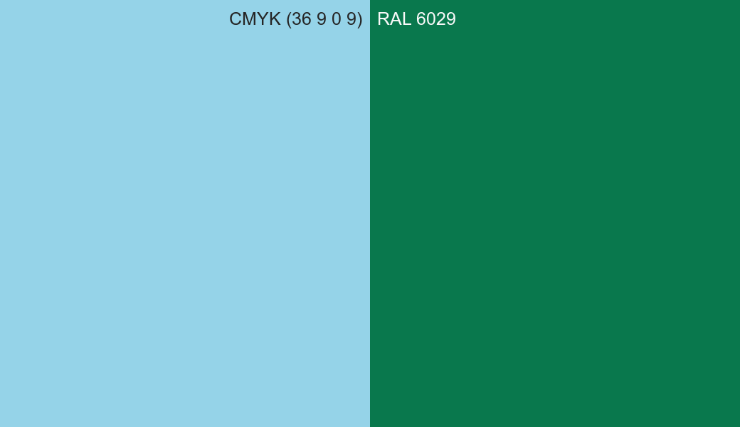 CMYK Color CMYK (36 9 0 9) vs RAL 6029 side by side comparison CMYK Color CMYK (36 9 0 9) vs RAL 6029 side by side comparison