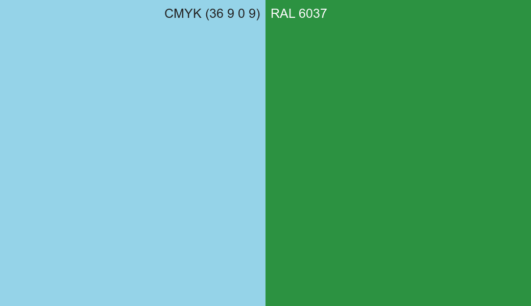 CMYK Color CMYK (36 9 0 9) vs RAL 6037 side by side comparison CMYK Color CMYK (36 9 0 9) vs RAL 6037 side by side comparison