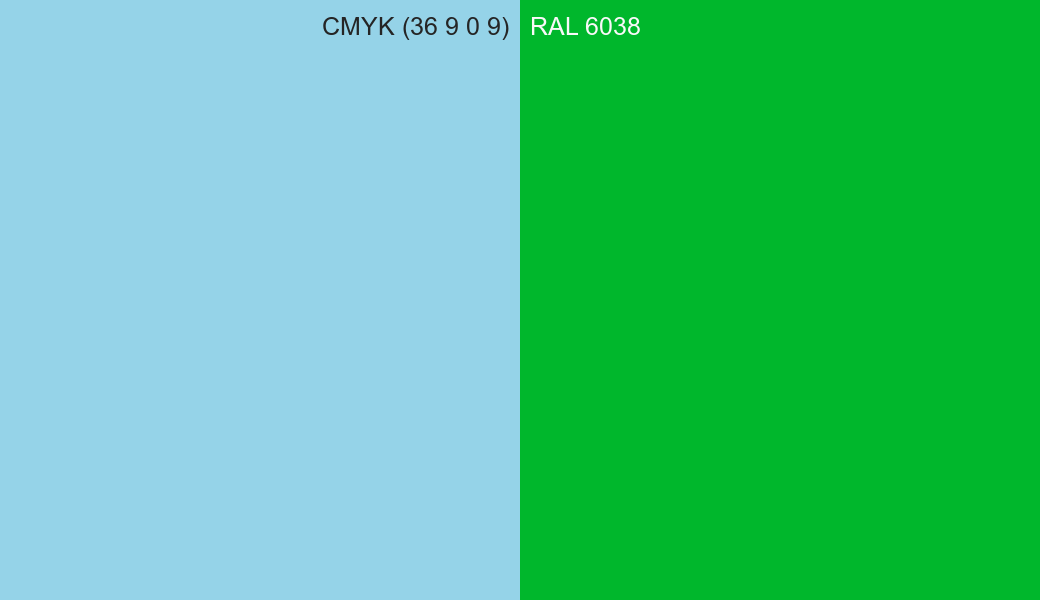 CMYK Color CMYK (36 9 0 9) vs RAL 6038 side by side comparison CMYK Color CMYK (36 9 0 9) vs RAL 6038 side by side comparison
