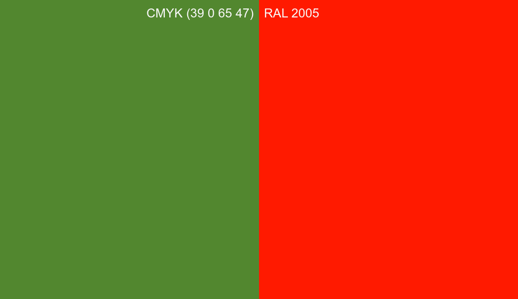CMYK Color CMYK (39 0 65 47) vs RAL 2005 side by side comparison CMYK Color CMYK (39 0 65 47) vs RAL 2005 side by side comparison