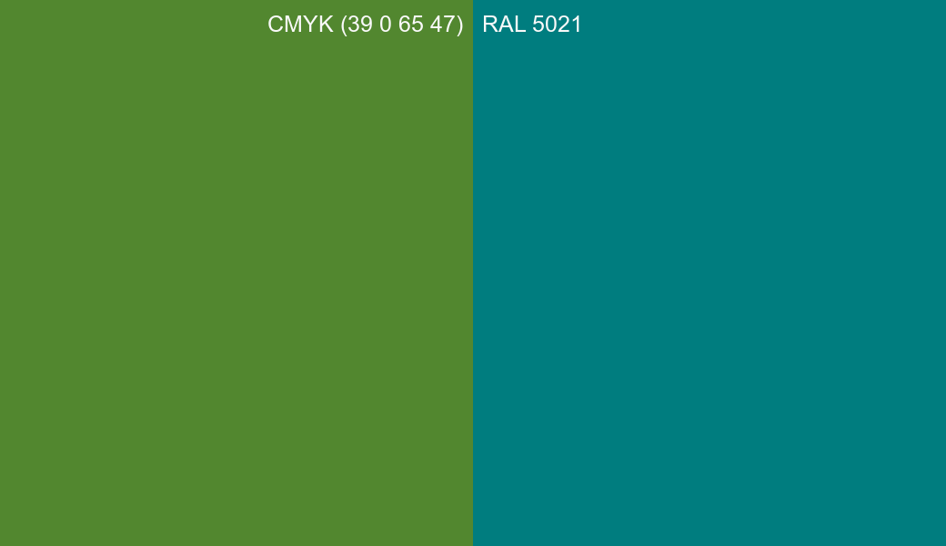 CMYK Color CMYK (39 0 65 47) vs RAL 5021 side by side comparison CMYK Color CMYK (39 0 65 47) vs RAL 5021 side by side comparison