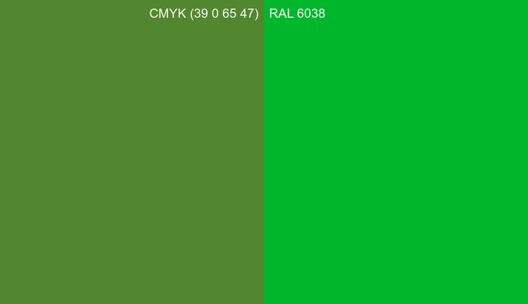 CMYK Color CMYK (39 0 65 47) vs RAL 6038 side by side comparison CMYK Color CMYK (39 0 65 47) vs RAL 6038 side by side comparison