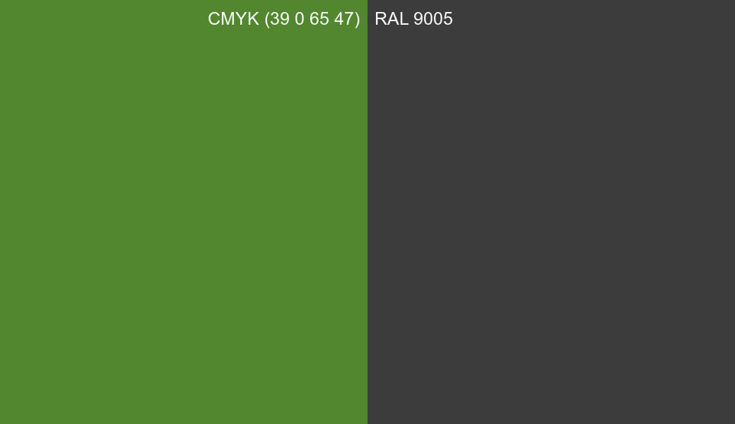 CMYK Color CMYK (39 0 65 47) vs RAL 9005 side by side comparison CMYK Color CMYK (39 0 65 47) vs RAL 9005 side by side comparison