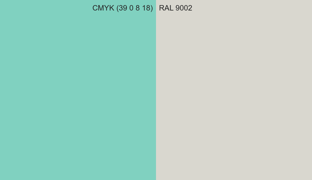 CMYK Color CMYK (39 0 8 18) vs RAL 9002 side by side comparison CMYK Color CMYK (39 0 8 18) vs RAL 9002 side by side comparison