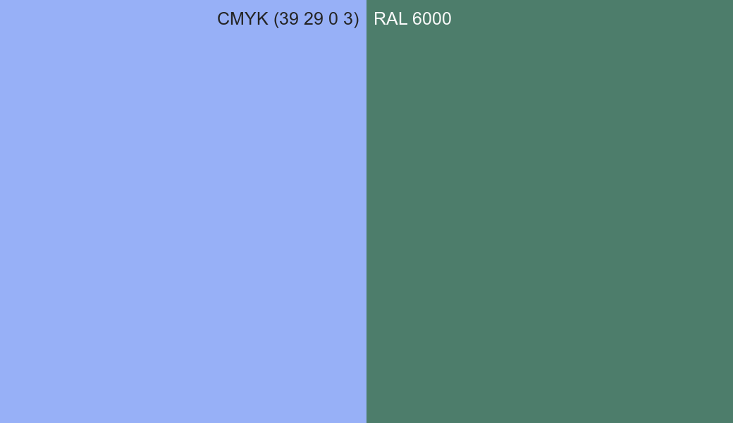 CMYK Color CMYK (39 29 0 3) vs RAL 6000 side by side comparison CMYK Color CMYK (39 29 0 3) vs RAL 6000 side by side comparison