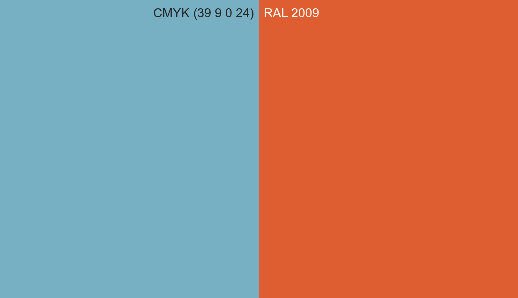 CMYK Color CMYK (39 9 0 24) vs RAL 2009 side by side comparison CMYK Color CMYK (39 9 0 24) vs RAL 2009 side by side comparison