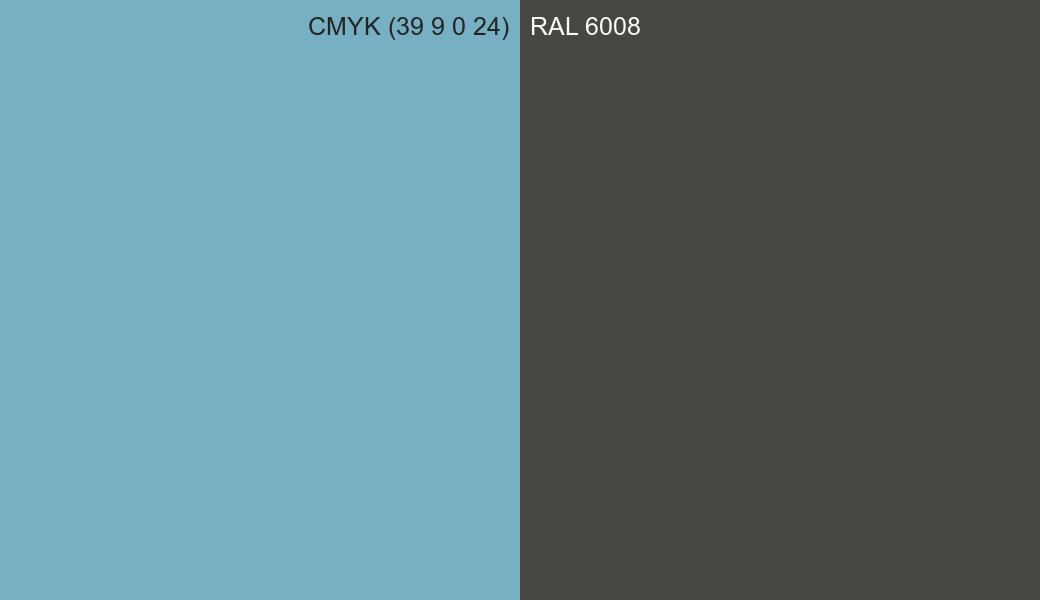 CMYK Color CMYK (39 9 0 24) vs RAL 6008 side by side comparison CMYK Color CMYK (39 9 0 24) vs RAL 6008 side by side comparison