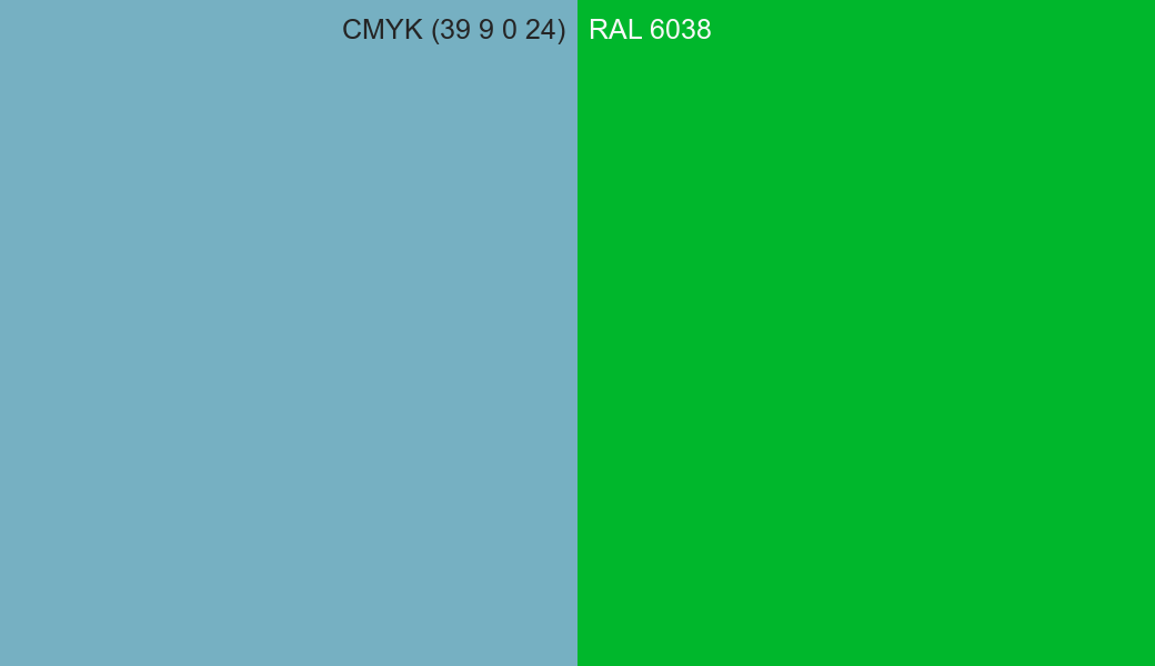 CMYK Color CMYK (39 9 0 24) vs RAL 6038 side by side comparison CMYK Color CMYK (39 9 0 24) vs RAL 6038 side by side comparison