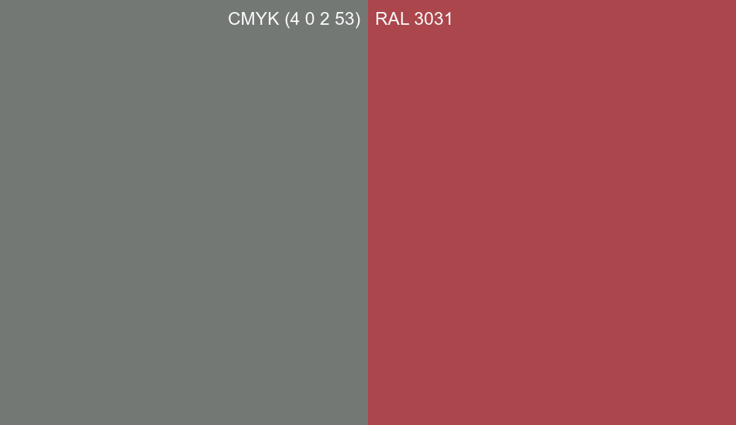CMYK Color CMYK (4 0 2 53) vs RAL 3031 side by side comparison CMYK Color CMYK (4 0 2 53) vs RAL 3031 side by side comparison