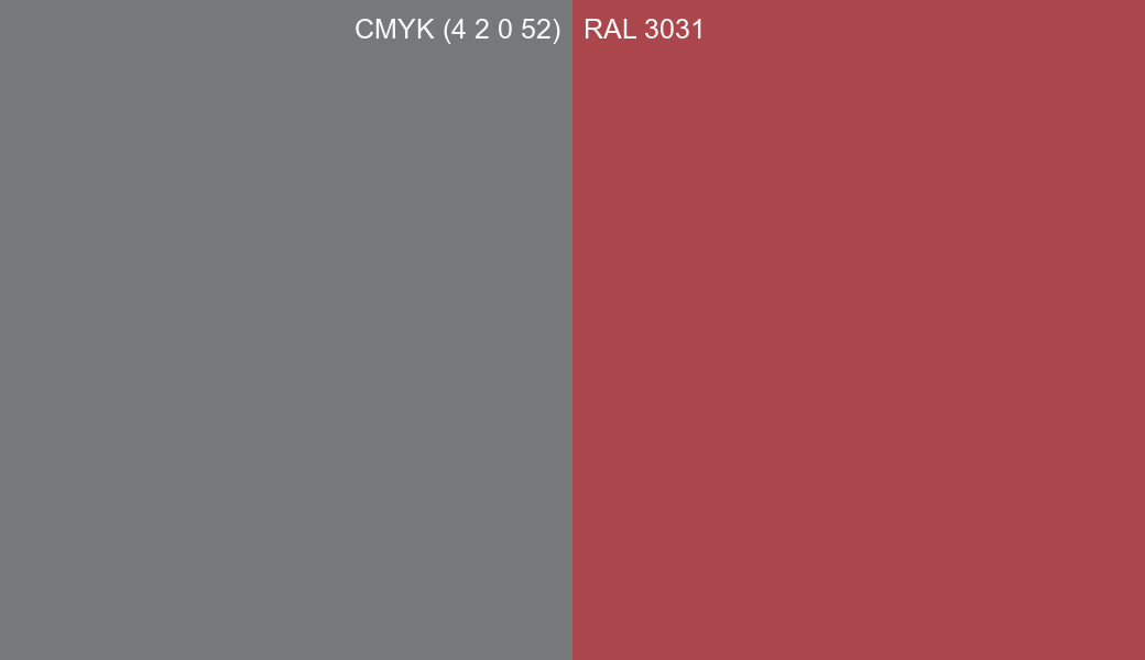 CMYK Color CMYK (4 2 0 52) vs RAL 3031 side by side comparison CMYK Color CMYK (4 2 0 52) vs RAL 3031 side by side comparison
