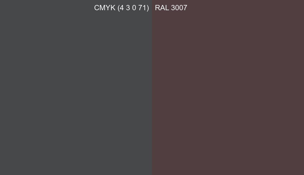 CMYK Color CMYK (4 3 0 71) vs RAL 3007 side by side comparison CMYK Color CMYK (4 3 0 71) vs RAL 3007 side by side comparison