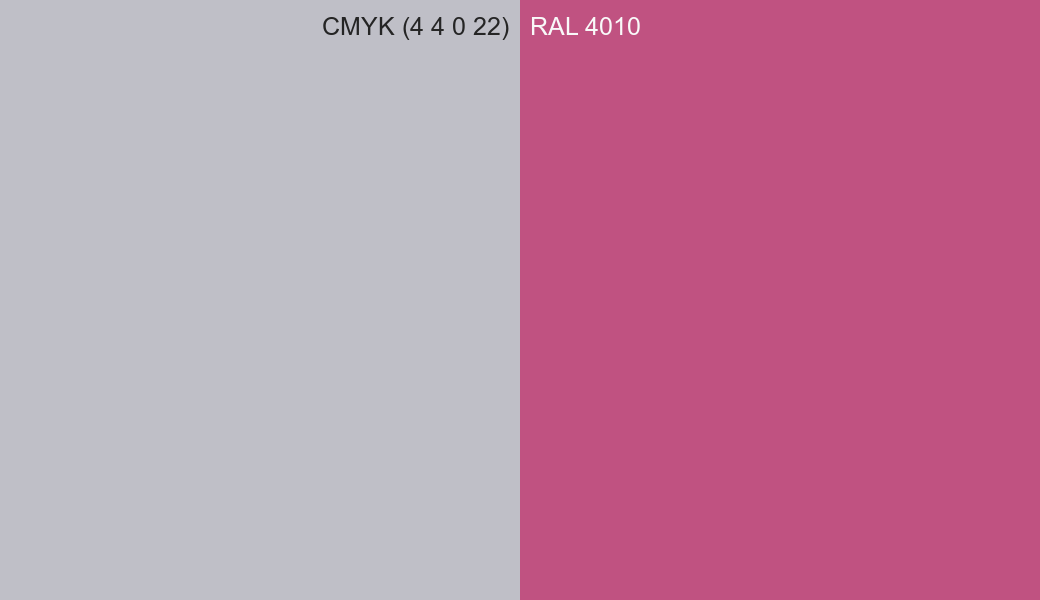 CMYK Color CMYK (4 4 0 22) vs RAL 4010 side by side comparison CMYK Color CMYK (4 4 0 22) vs RAL 4010 side by side comparison