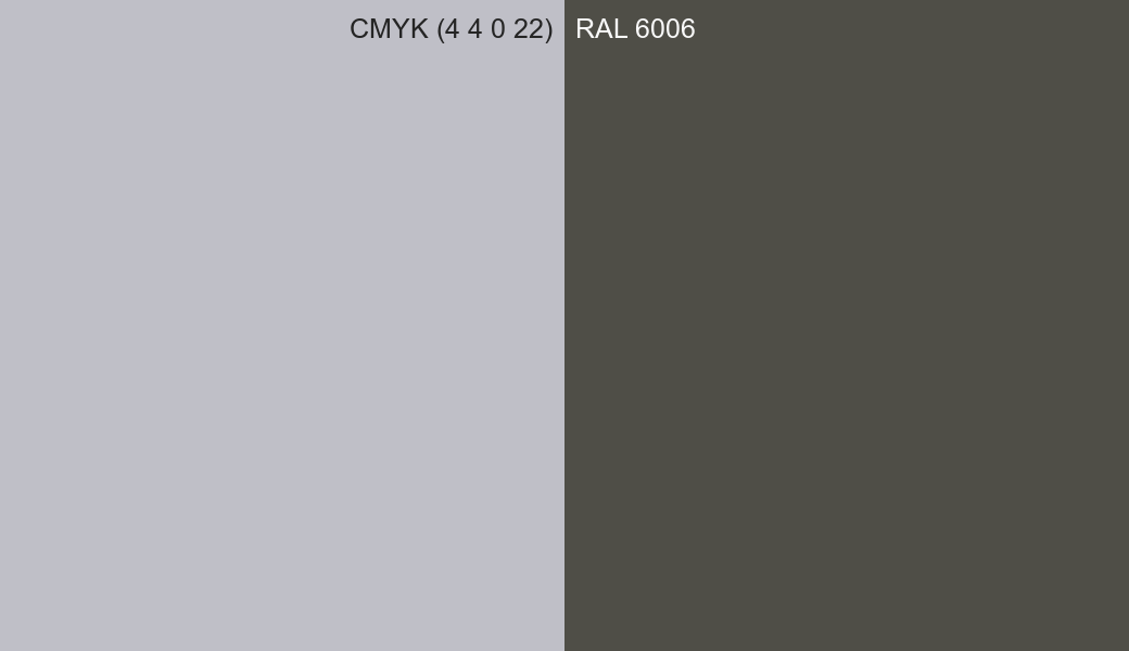 CMYK Color CMYK (4 4 0 22) vs RAL 6006 side by side comparison CMYK Color CMYK (4 4 0 22) vs RAL 6006 side by side comparison