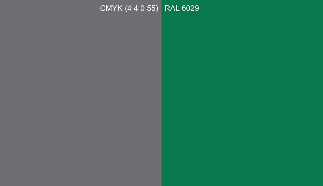 CMYK Color CMYK (4 4 0 55) vs RAL 6029 side by side comparison CMYK Color CMYK (4 4 0 55) vs RAL 6029 side by side comparison
