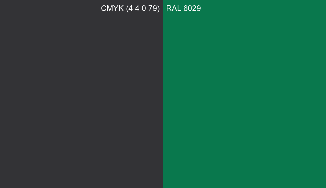 CMYK Color CMYK (4 4 0 79) vs RAL 6029 side by side comparison CMYK Color CMYK (4 4 0 79) vs RAL 6029 side by side comparison