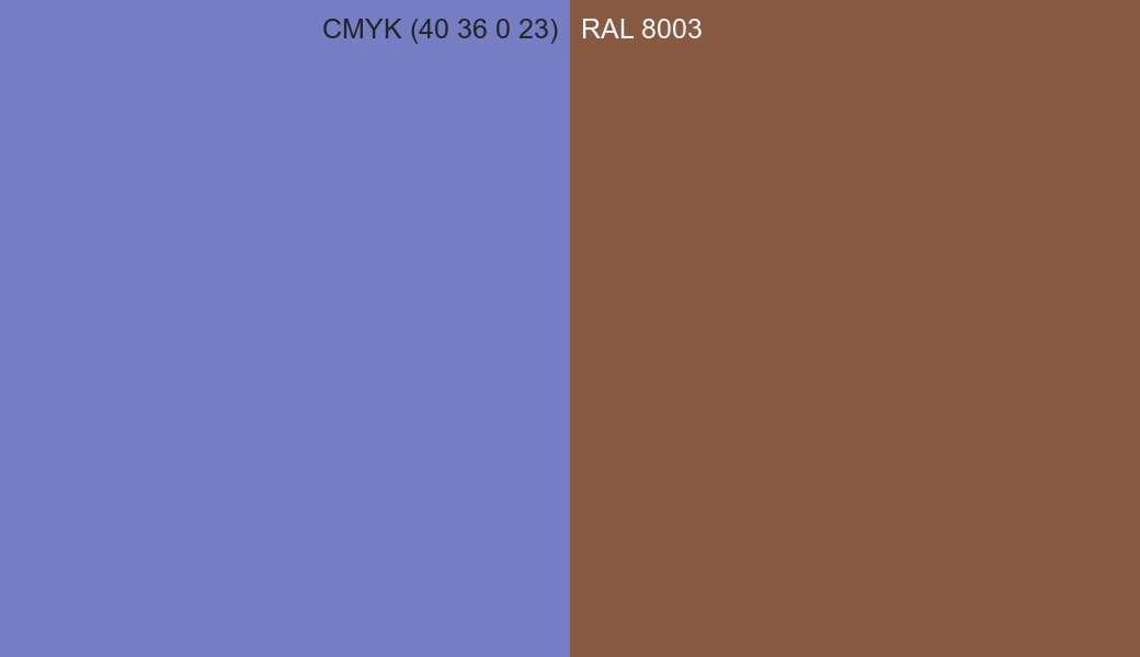 CMYK Color CMYK (40 36 0 23) vs RAL 8003 side by side comparison CMYK Color CMYK (40 36 0 23) vs RAL 8003 side by side comparison