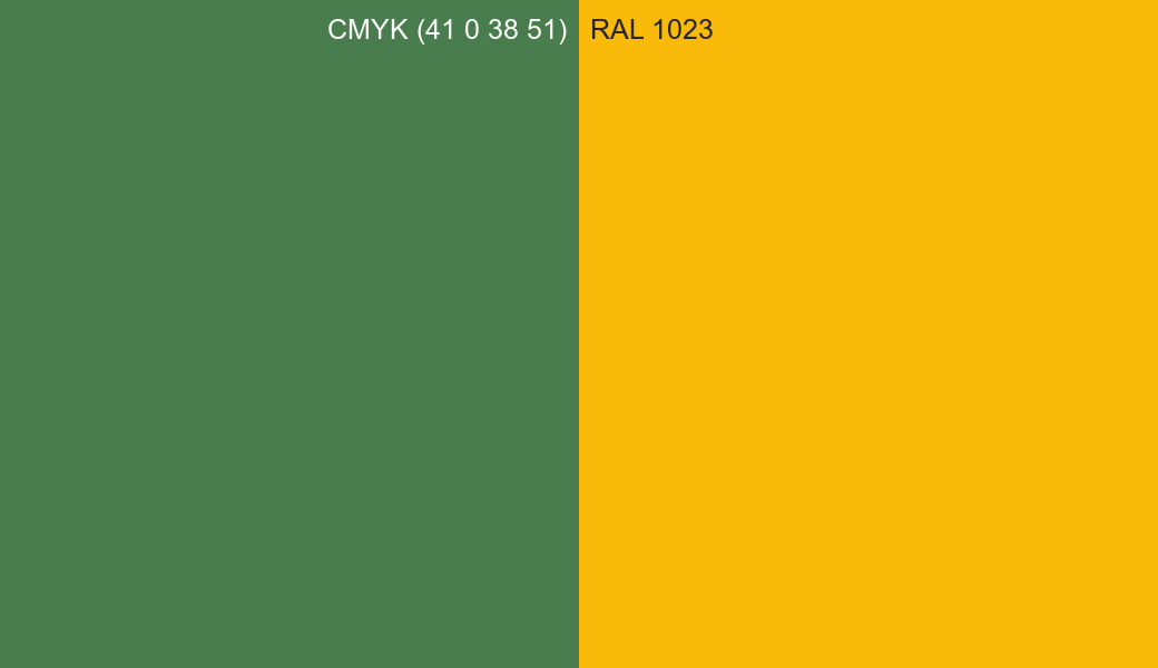 CMYK Color CMYK (41 0 38 51) vs RAL 1023 side by side comparison CMYK Color CMYK (41 0 38 51) vs RAL 1023 side by side comparison