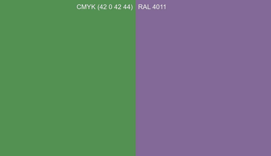 CMYK Color CMYK (42 0 42 44) vs RAL 4011 side by side comparison CMYK Color CMYK (42 0 42 44) vs RAL 4011 side by side comparison