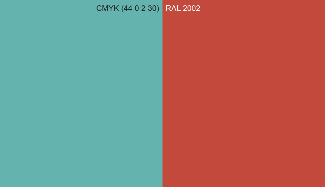 CMYK Color CMYK (44 0 2 30) vs RAL 2002 side by side comparison CMYK Color CMYK (44 0 2 30) vs RAL 2002 side by side comparison