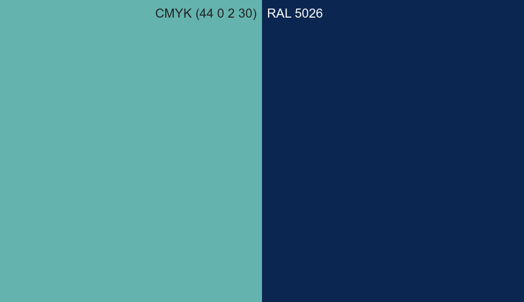CMYK Color CMYK (44 0 2 30) vs RAL 5026 side by side comparison CMYK Color CMYK (44 0 2 30) vs RAL 5026 side by side comparison