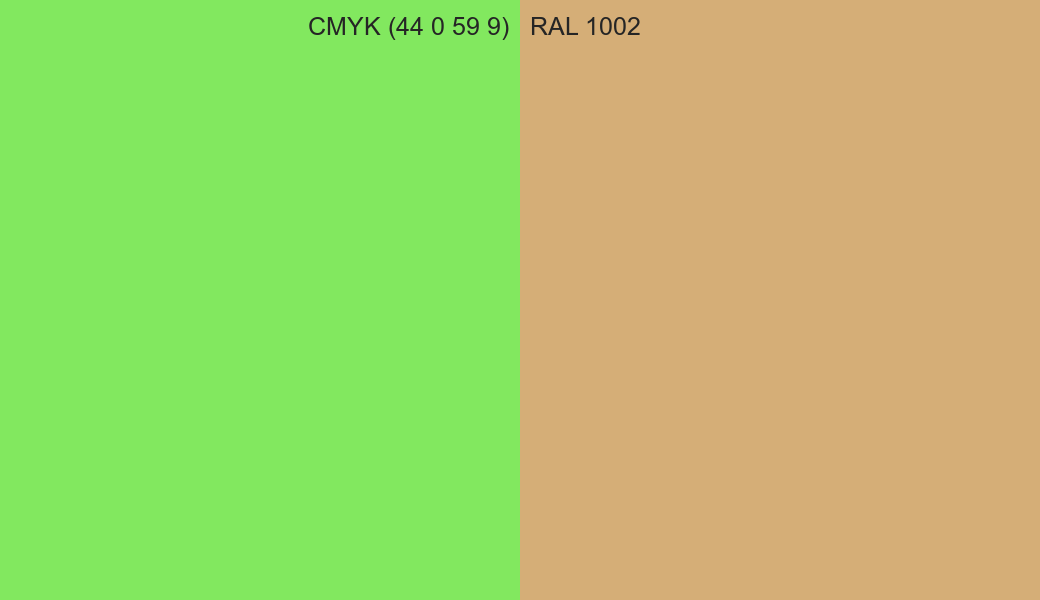 CMYK Color CMYK (44 0 59 9) vs RAL 1002 side by side comparison CMYK Color CMYK (44 0 59 9) vs RAL 1002 side by side comparison