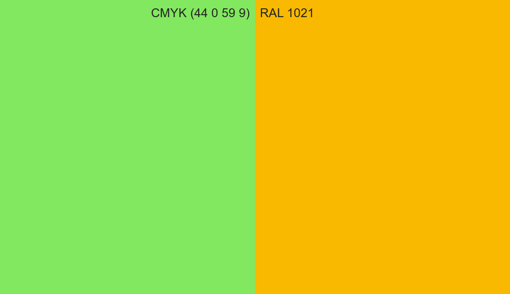 CMYK Color CMYK (44 0 59 9) vs RAL 1021 side by side comparison CMYK Color CMYK (44 0 59 9) vs RAL 1021 side by side comparison