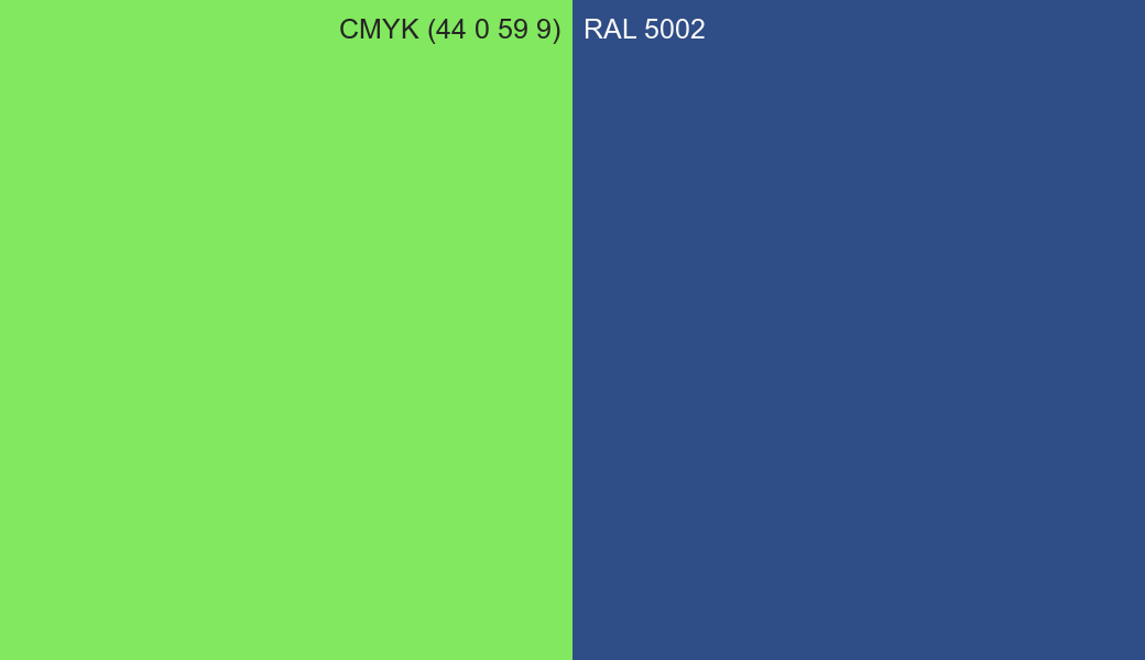CMYK Color CMYK (44 0 59 9) vs RAL 5002 side by side comparison CMYK Color CMYK (44 0 59 9) vs RAL 5002 side by side comparison
