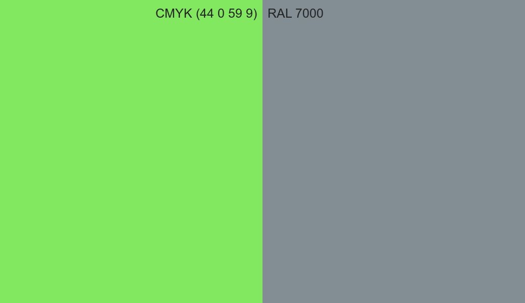 CMYK Color CMYK (44 0 59 9) vs RAL 7000 side by side comparison CMYK Color CMYK (44 0 59 9) vs RAL 7000 side by side comparison