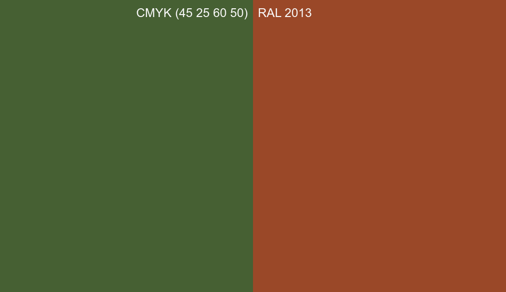 CMYK Color CMYK (45 25 60 50) vs RAL 2013 side by side comparison CMYK Color CMYK (45 25 60 50) vs RAL 2013 side by side comparison