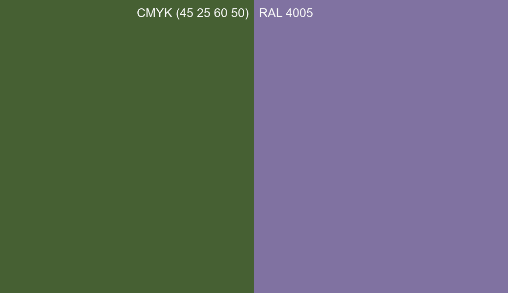 CMYK Color CMYK (45 25 60 50) vs RAL 4005 side by side comparison CMYK Color CMYK (45 25 60 50) vs RAL 4005 side by side comparison