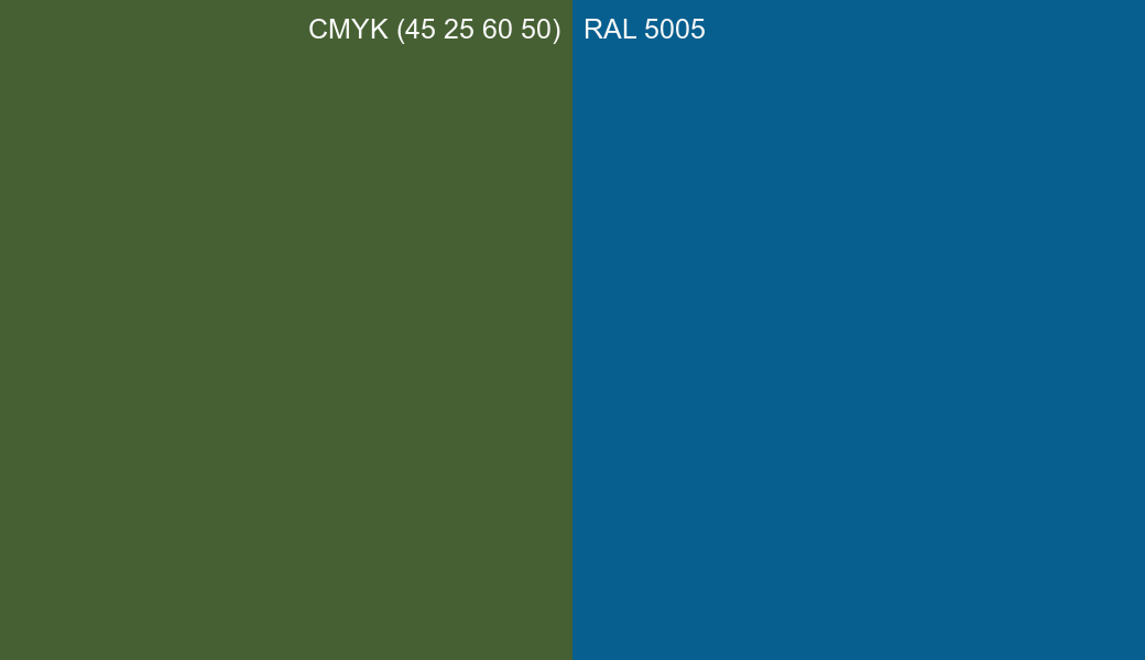 CMYK Color CMYK (45 25 60 50) vs RAL 5005 side by side comparison CMYK Color CMYK (45 25 60 50) vs RAL 5005 side by side comparison