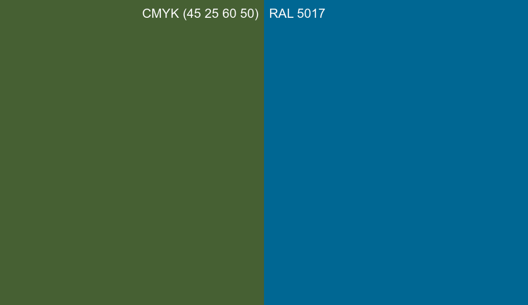 CMYK Color CMYK (45 25 60 50) vs RAL 5017 side by side comparison CMYK Color CMYK (45 25 60 50) vs RAL 5017 side by side comparison