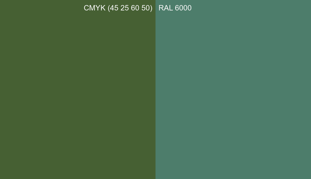 CMYK Color CMYK (45 25 60 50) vs RAL 6000 side by side comparison CMYK Color CMYK (45 25 60 50) vs RAL 6000 side by side comparison