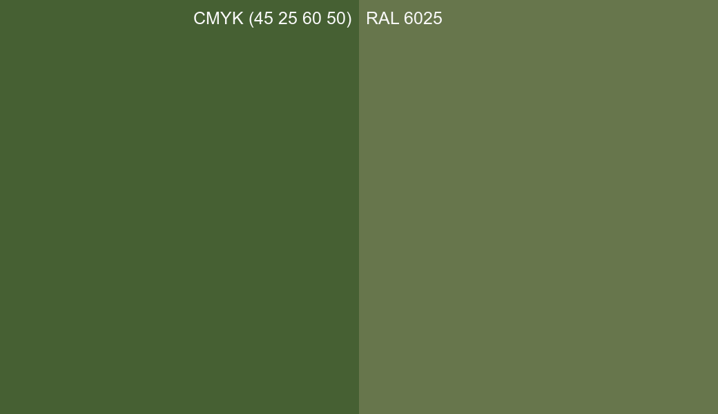 CMYK Color CMYK (45 25 60 50) vs RAL 6025 side by side comparison CMYK Color CMYK (45 25 60 50) vs RAL 6025 side by side comparison