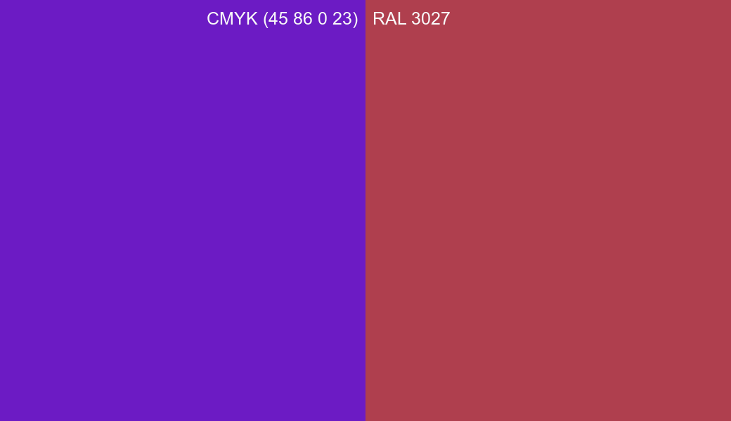 CMYK Color CMYK (45 86 0 23) vs RAL 3027 side by side comparison CMYK Color CMYK (45 86 0 23) vs RAL 3027 side by side comparison