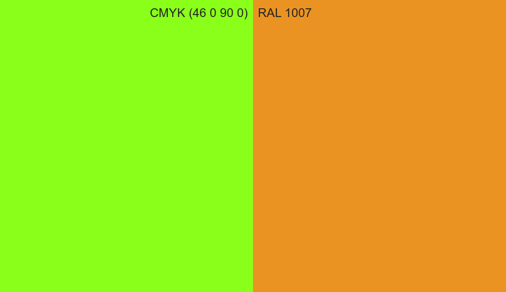CMYK Color CMYK (46 0 90 0) vs RAL 1007 side by side comparison CMYK Color CMYK (46 0 90 0) vs RAL 1007 side by side comparison