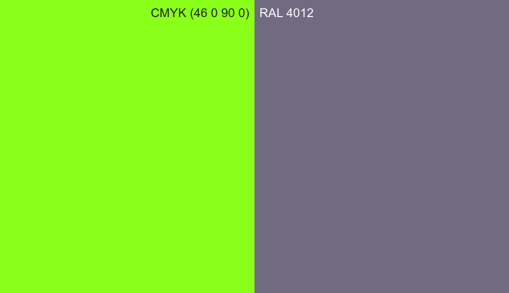 CMYK Color CMYK (46 0 90 0) vs RAL 4012 side by side comparison CMYK Color CMYK (46 0 90 0) vs RAL 4012 side by side comparison