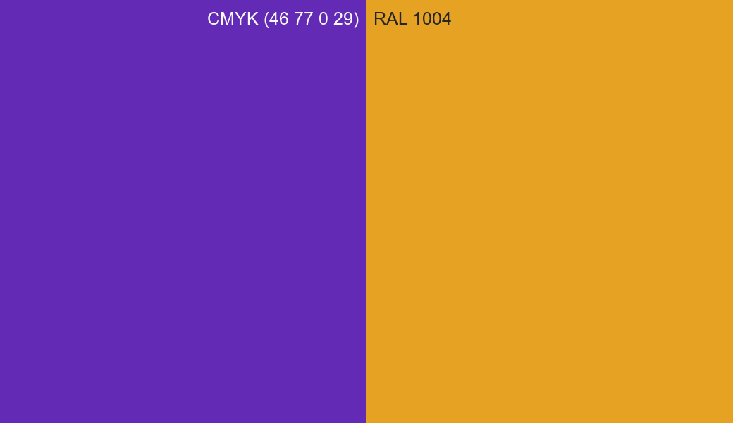 CMYK Color CMYK (46 77 0 29) vs RAL 1004 side by side comparison CMYK Color CMYK (46 77 0 29) vs RAL 1004 side by side comparison