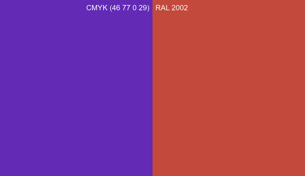 CMYK Color CMYK (46 77 0 29) vs RAL 2002 side by side comparison CMYK Color CMYK (46 77 0 29) vs RAL 2002 side by side comparison