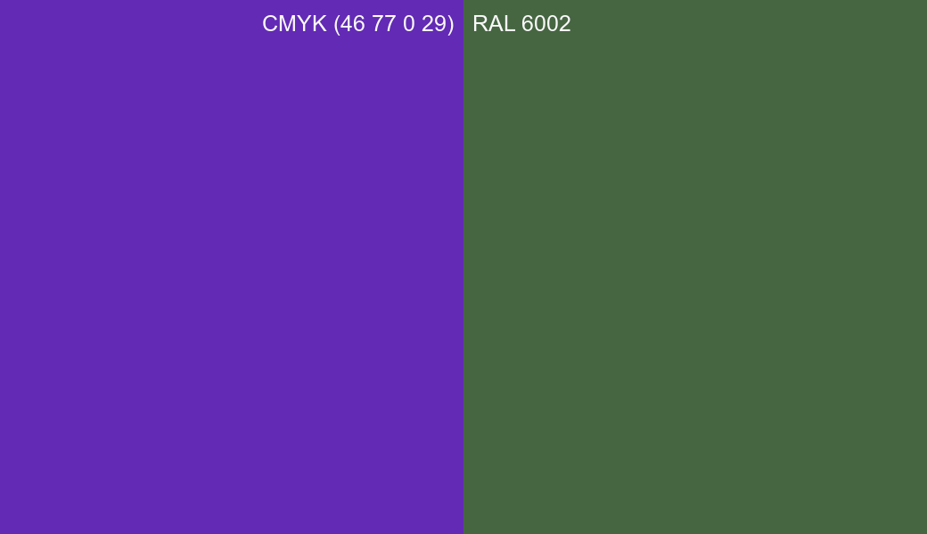 CMYK Color CMYK (46 77 0 29) vs RAL 6002 side by side comparison CMYK Color CMYK (46 77 0 29) vs RAL 6002 side by side comparison
