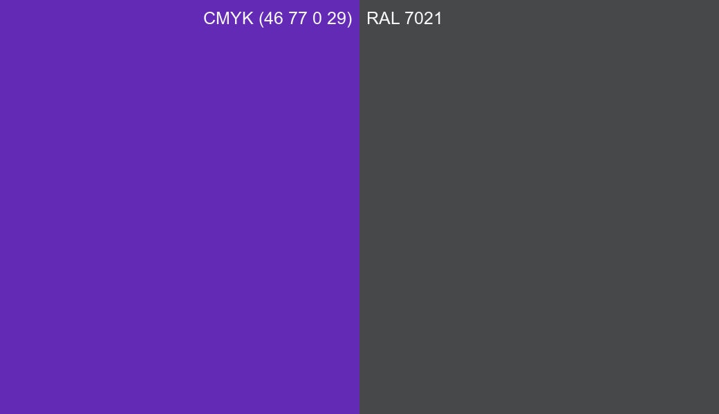 CMYK Color CMYK (46 77 0 29) vs RAL 7021 side by side comparison CMYK Color CMYK (46 77 0 29) vs RAL 7021 side by side comparison