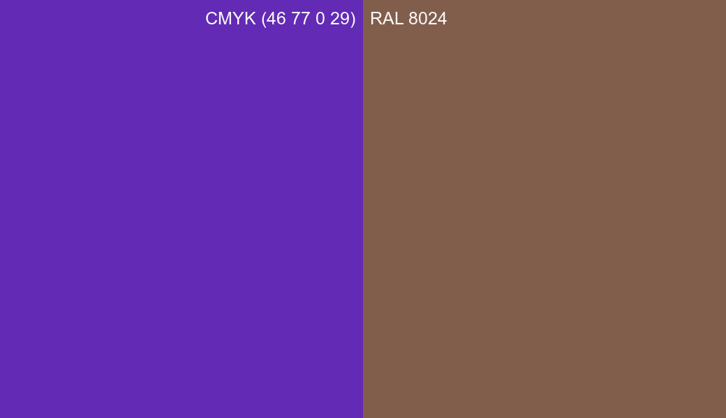 CMYK Color CMYK (46 77 0 29) vs RAL 8024 side by side comparison CMYK Color CMYK (46 77 0 29) vs RAL 8024 side by side comparison