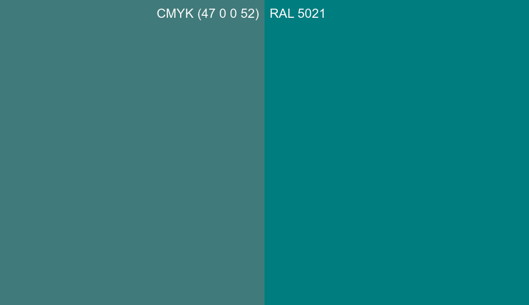 CMYK Color CMYK (47 0 0 52) vs RAL 5021 side by side comparison CMYK Color CMYK (47 0 0 52) vs RAL 5021 side by side comparison