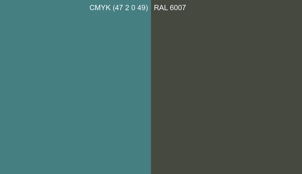 CMYK Color CMYK (47 2 0 49) vs RAL 6007 side by side comparison CMYK Color CMYK (47 2 0 49) vs RAL 6007 side by side comparison