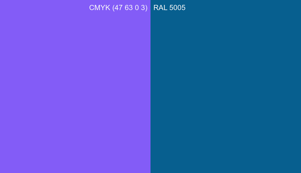 CMYK Color CMYK (47 63 0 3) vs RAL 5005 side by side comparison CMYK Color CMYK (47 63 0 3) vs RAL 5005 side by side comparison