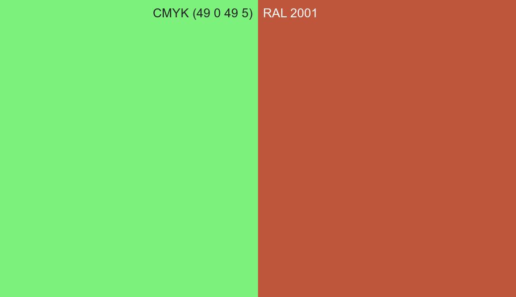 CMYK Color CMYK (49 0 49 5) vs RAL 2001 side by side comparison CMYK Color CMYK (49 0 49 5) vs RAL 2001 side by side comparison