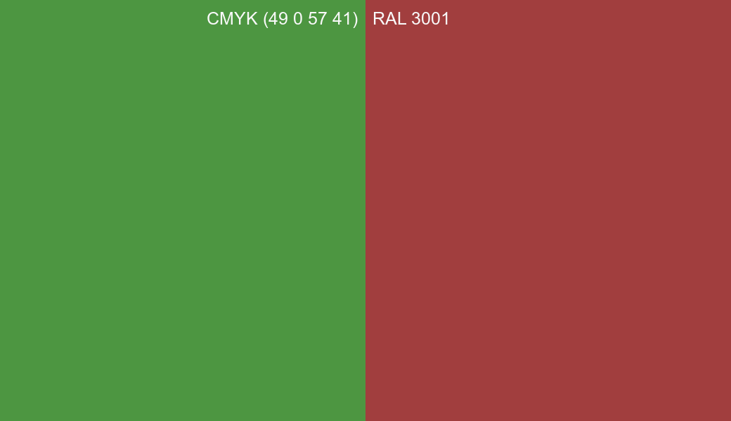 CMYK Color CMYK (49 0 57 41) vs RAL 3001 side by side comparison CMYK Color CMYK (49 0 57 41) vs RAL 3001 side by side comparison